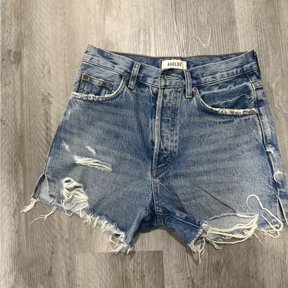Agolde Frayed Hem Blue Jean Shorts